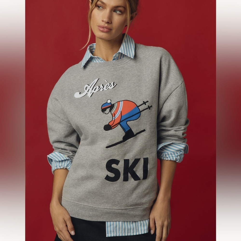 Small Anthropologie kule Apres Ski oversized sweatshirt gray embroidered - Picture 1 of 16